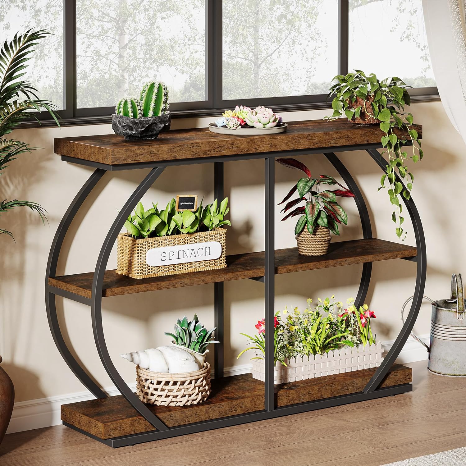 41.33" Industrial Console Table - Rustic Brown 3-Tier Entryway Shelf w/Arched Metal Frame