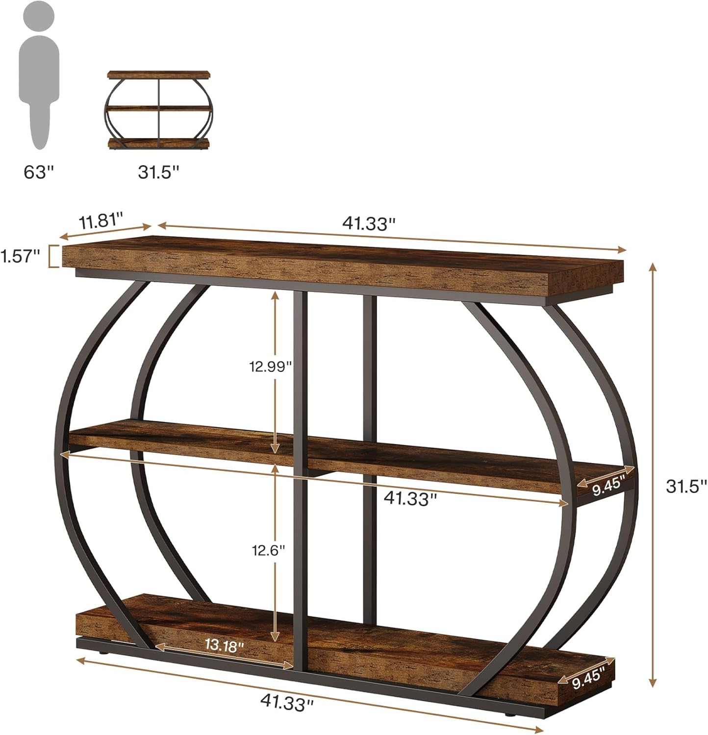 41.33" Industrial Console Table - Rustic Brown 3-Tier Entryway Shelf w/Arched Metal Frame