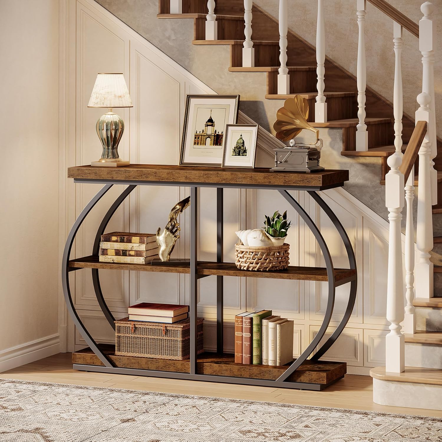 41.33" Industrial Console Table - Rustic Brown 3-Tier Entryway Shelf w/Arched Metal Frame