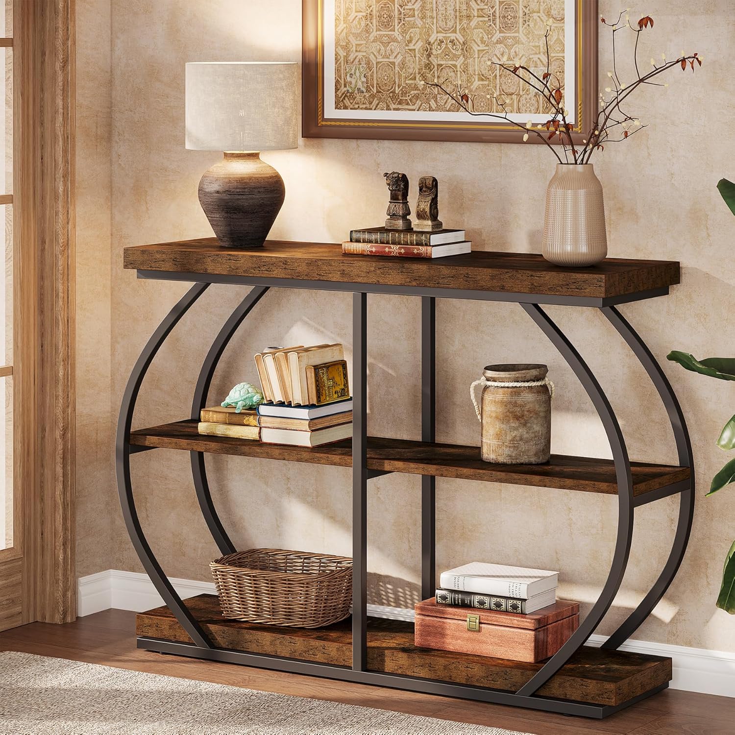 41.33" Industrial Console Table - Rustic Brown 3-Tier Entryway Shelf w/Arched Metal Frame
