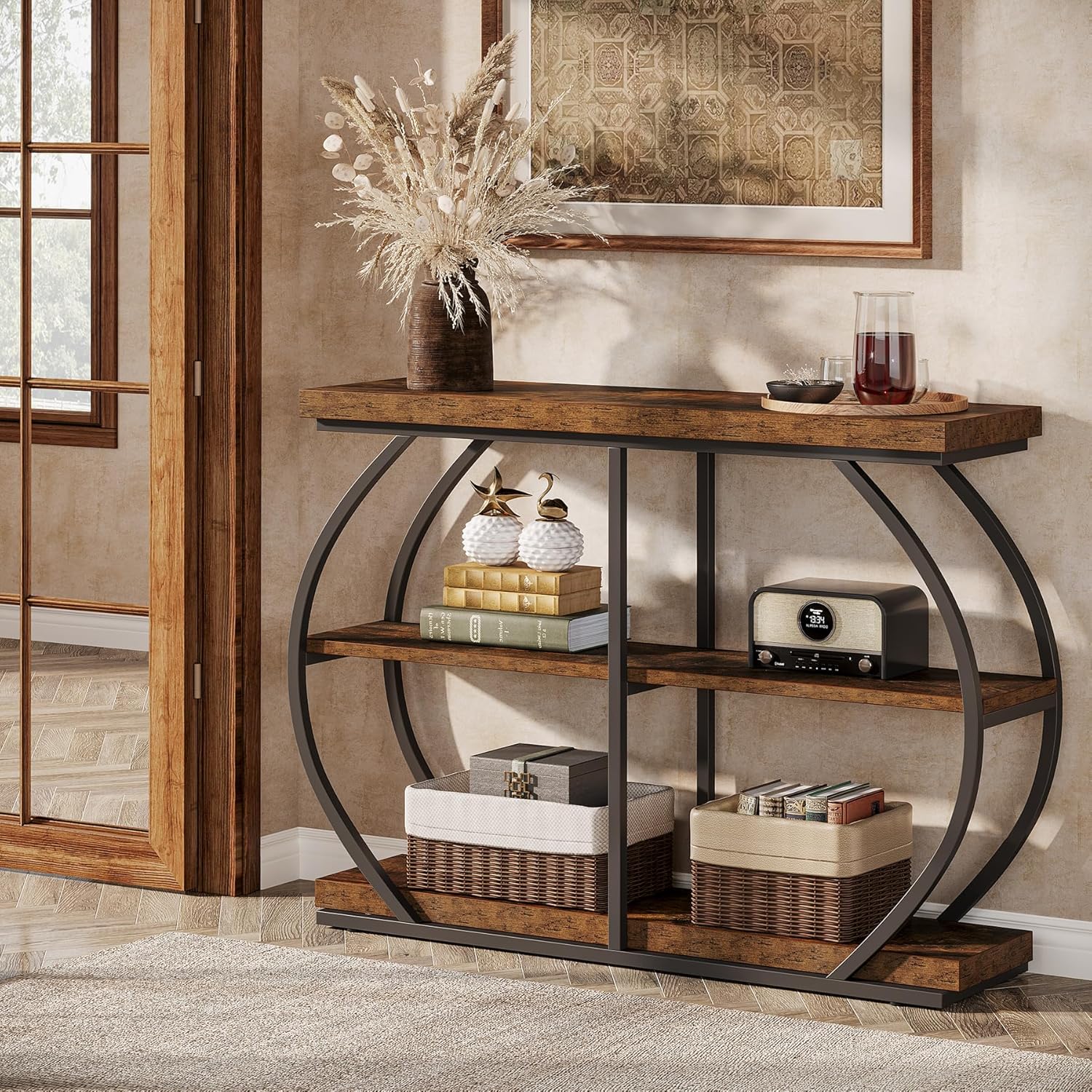 41.33" Industrial Console Table - Rustic Brown 3-Tier Entryway Shelf w/Arched Metal Frame