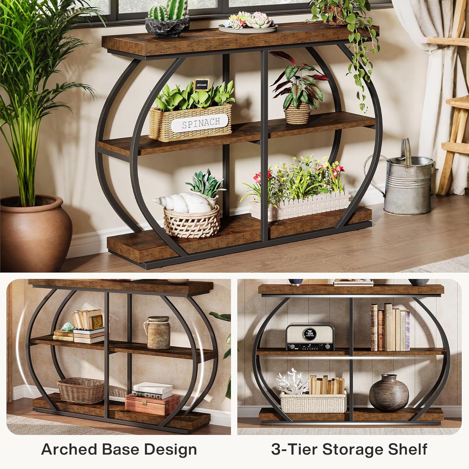 41.33" Industrial Console Table - Rustic Brown 3-Tier Entryway Shelf w/Arched Metal Frame