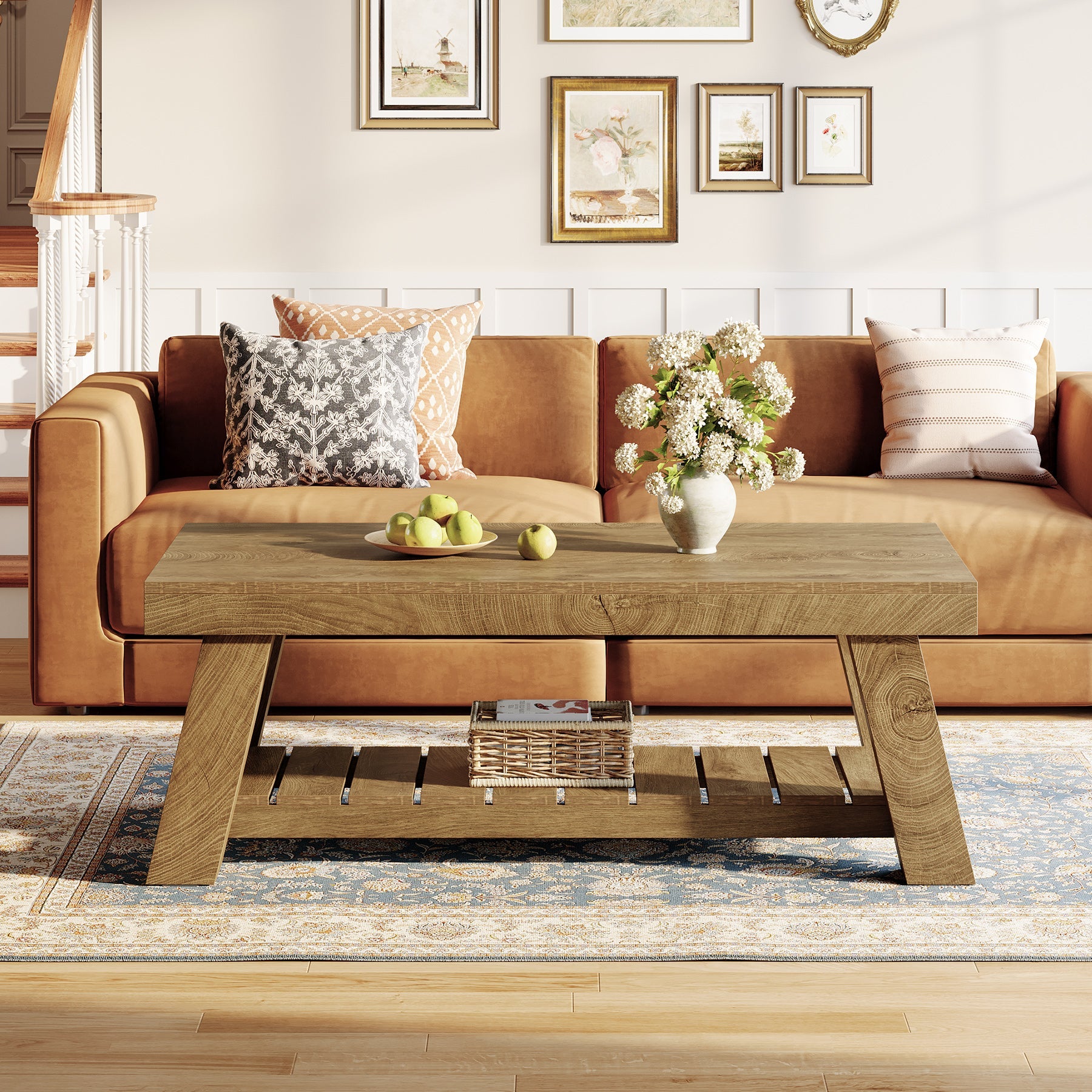 Rectangular Coffee Table, 47.24" Farmhouse Center Table with 2-Tier Storage
