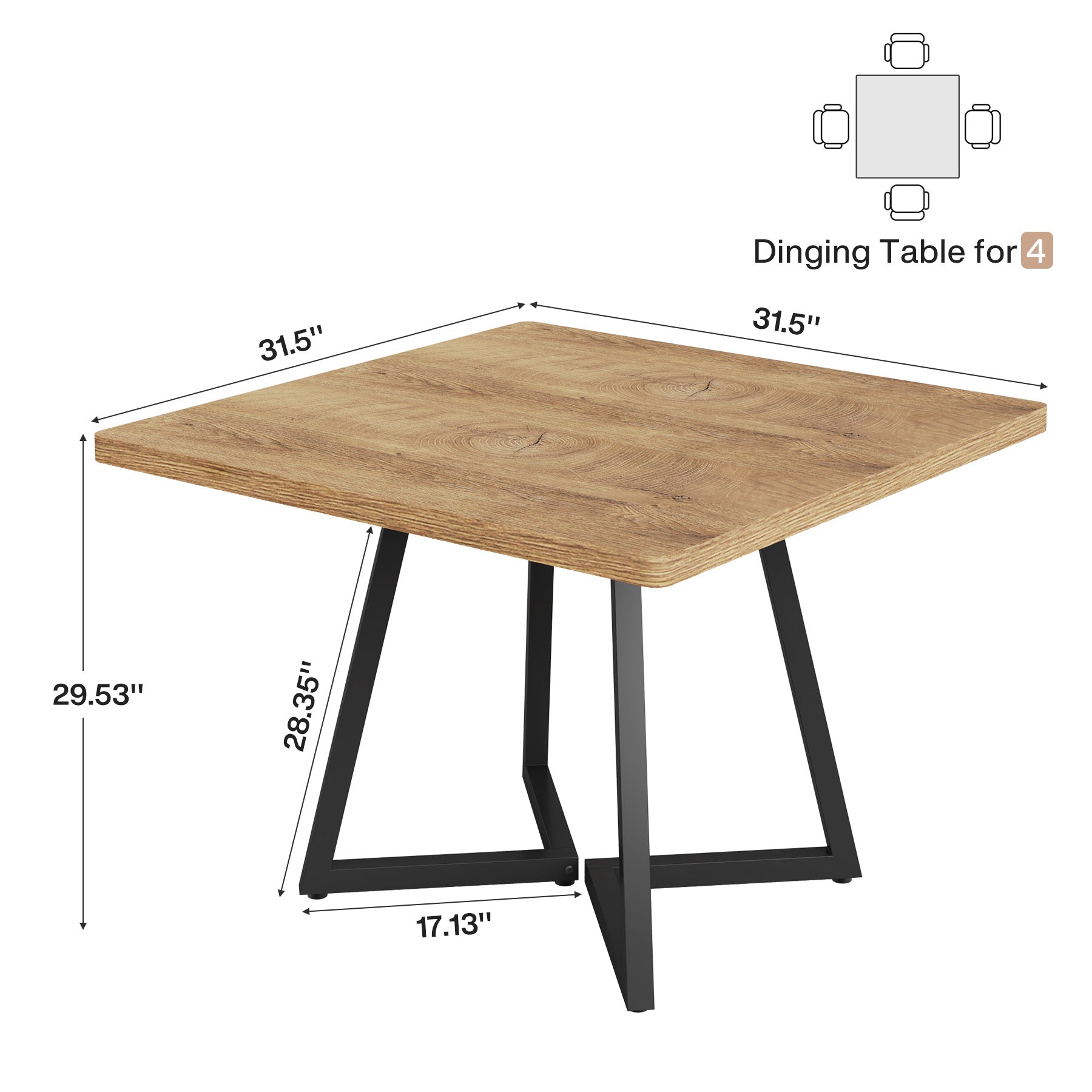 31.5" Square Dining Table, Wood Kitchen Table with Metal Legs for 4