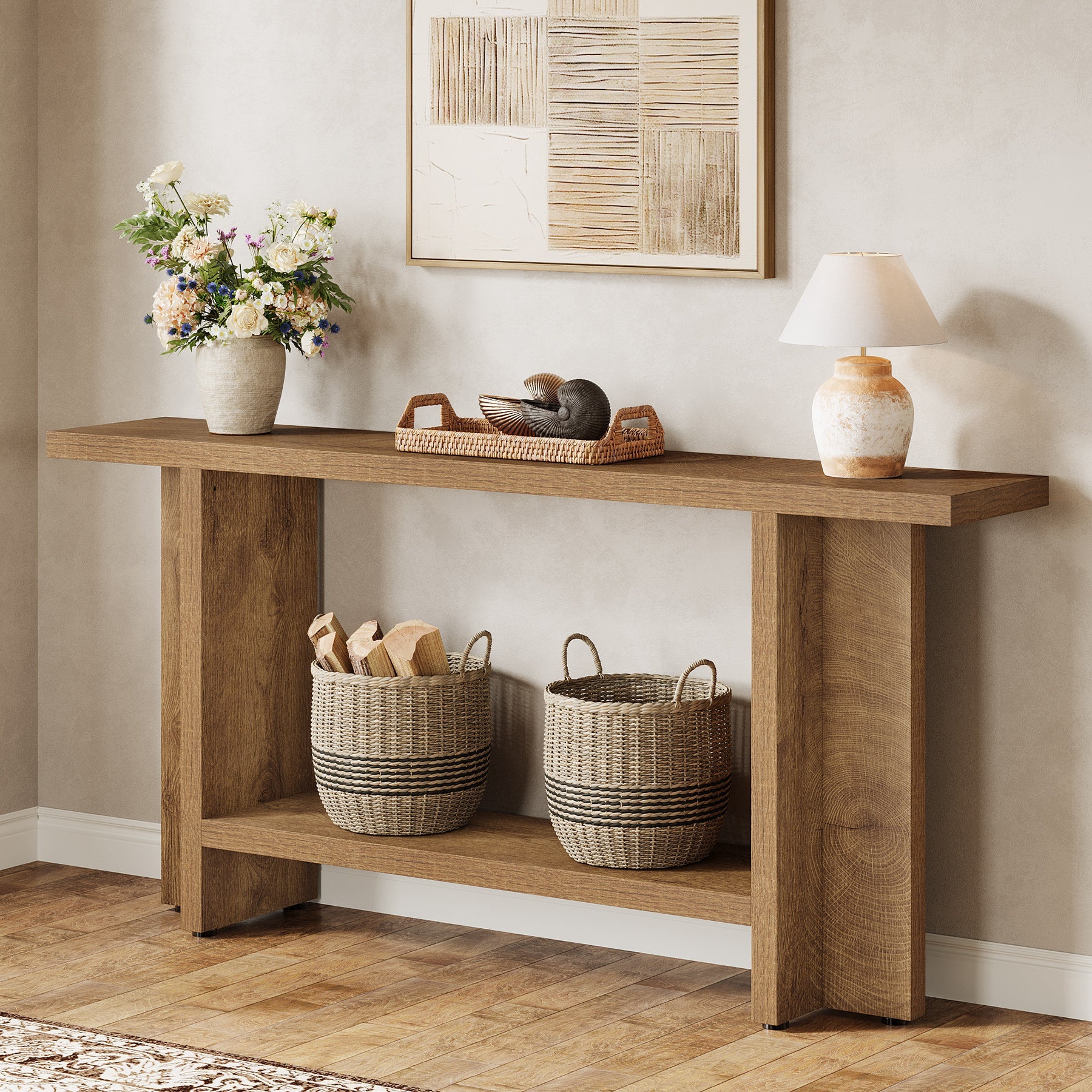59" Console Table, Farmhouse Sofa & Hallway Table with Double Storage