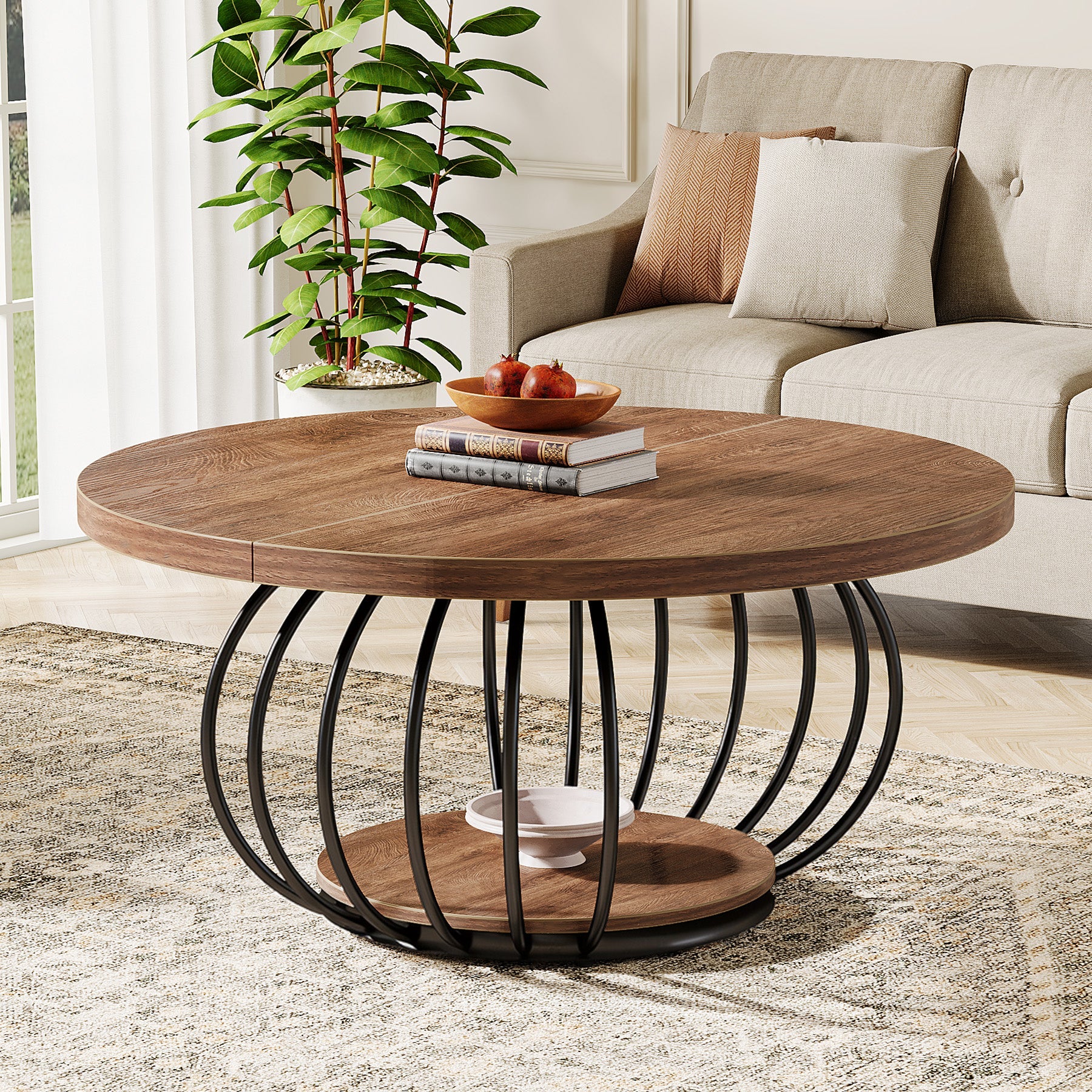 39" Round Coffee Table - 2-Tier Industrial Cocktail Table with Metal Frame, Rustic Brown & Black