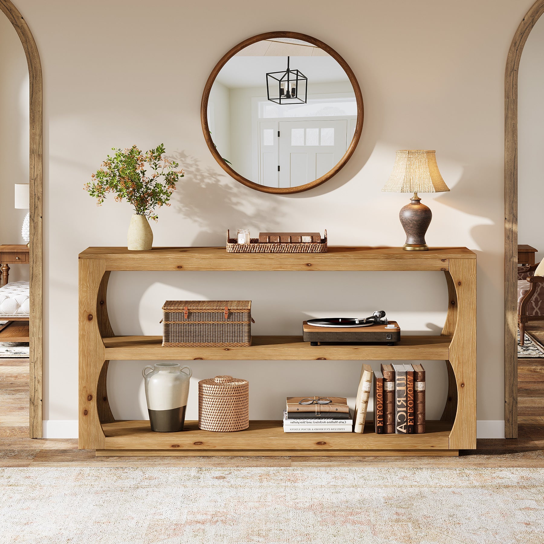 160cm Solid Wood Console Table, Farmhouse Narrow Entryway Sofa Table with 3-Tier Storage