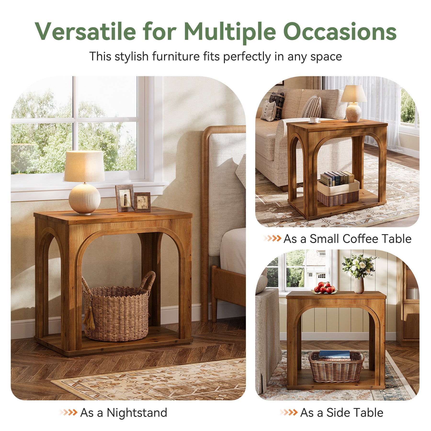 25" Farmhouse Side Table, 2-Tier Solid Wood End Table with Shelf