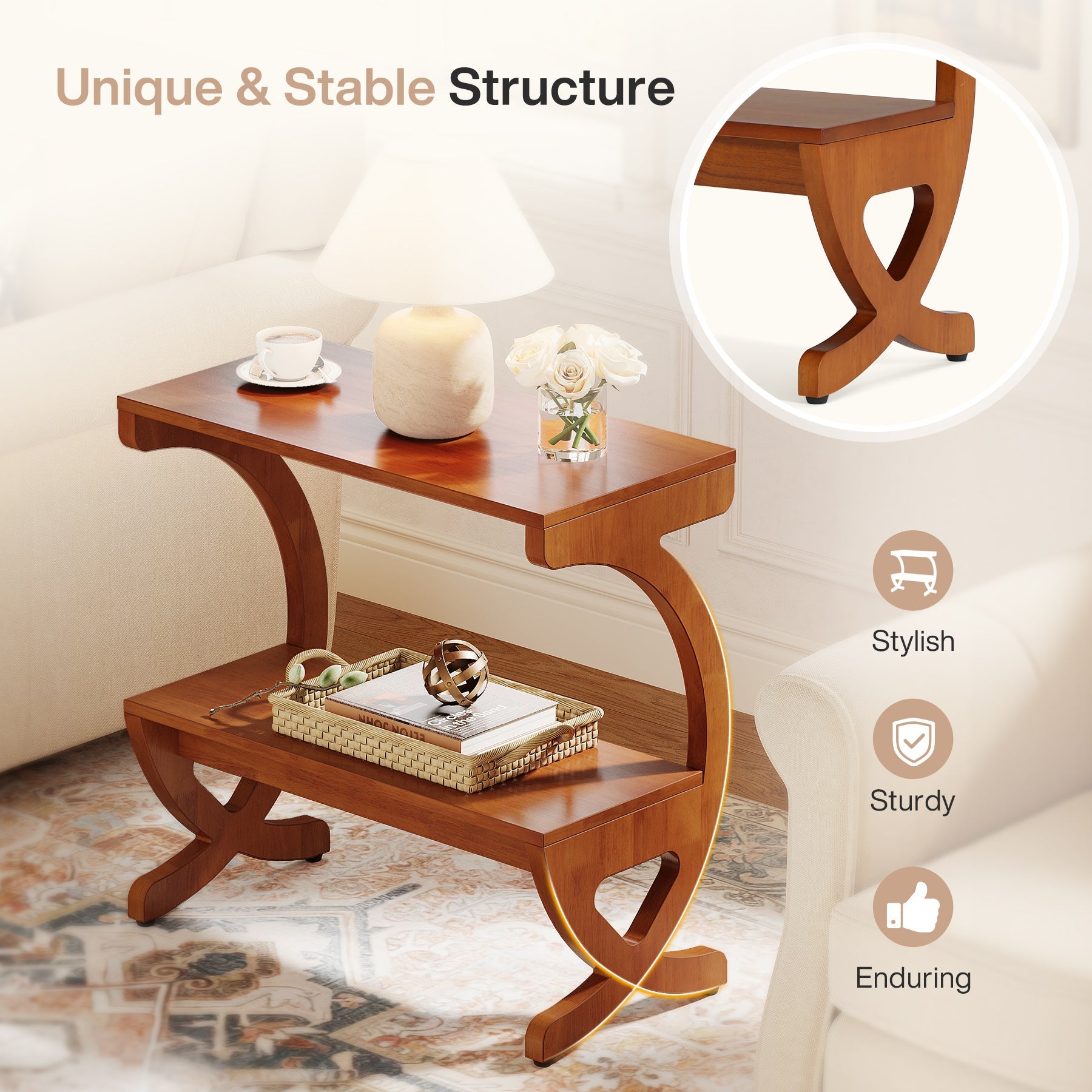 Solid Wood End Table, Narrow 2-Tier Side Table with Storage Shelf