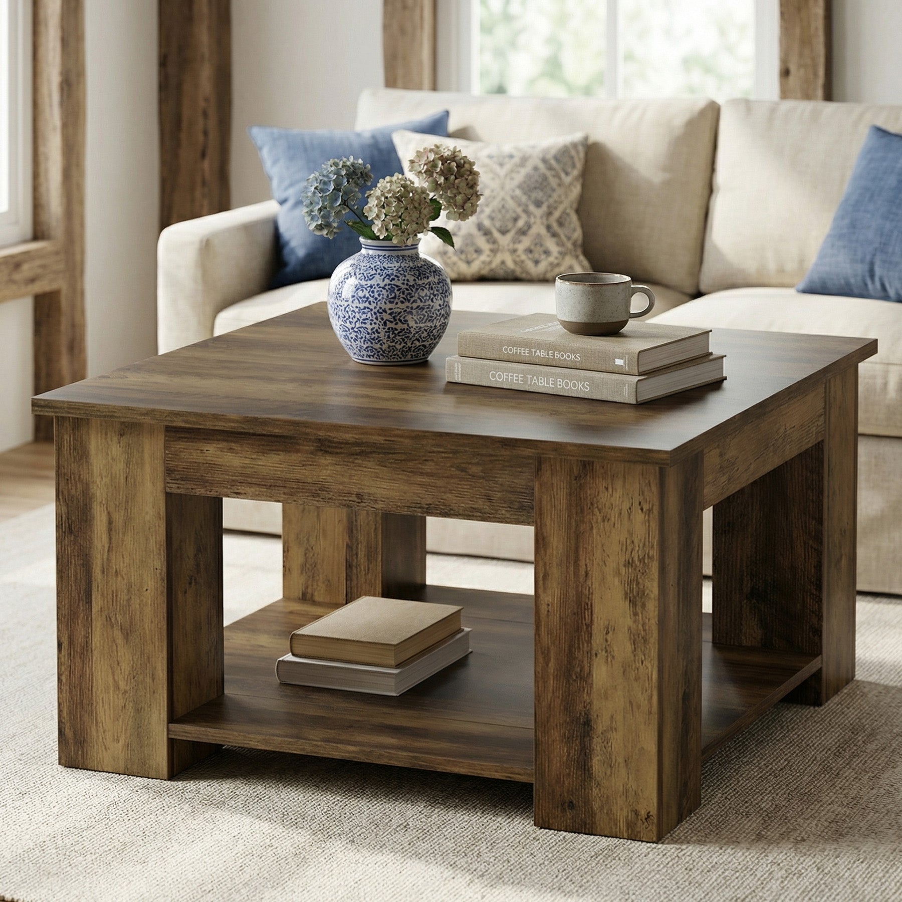 80cm Square Coffee Table, 2-Tier Center Table Cocktail Tea Furniture for Living Room