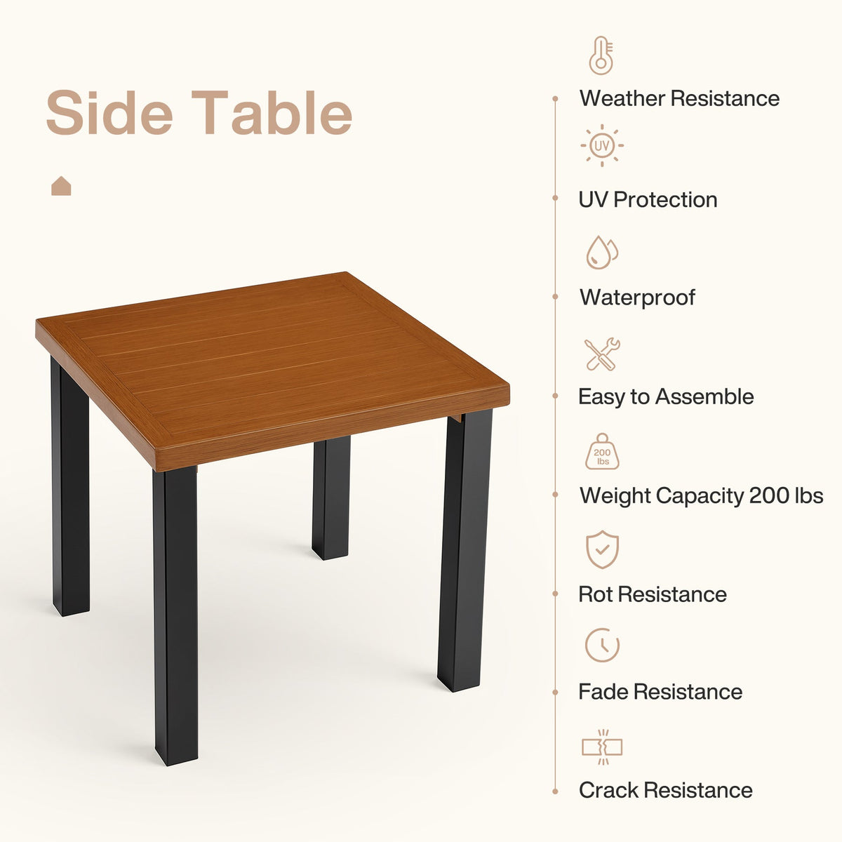 45cm Square Outdoor Side Table, Weather Resistant Patio End Table with Metal Legs