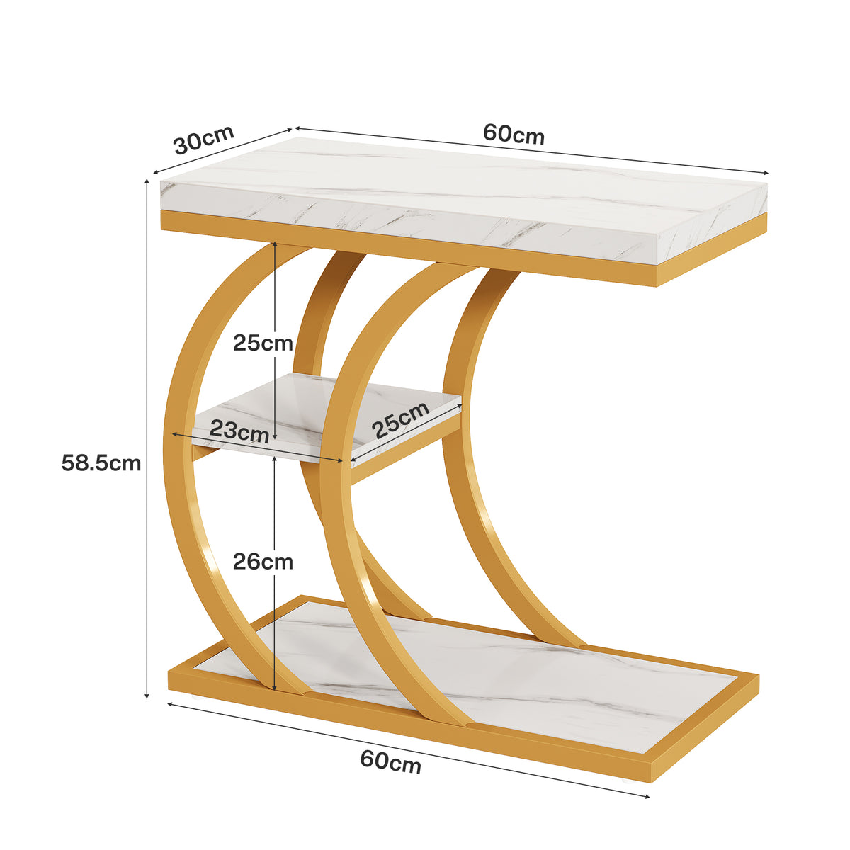 60cm End Table, 3-Tier Couch C-Shaped Side Table with Storage