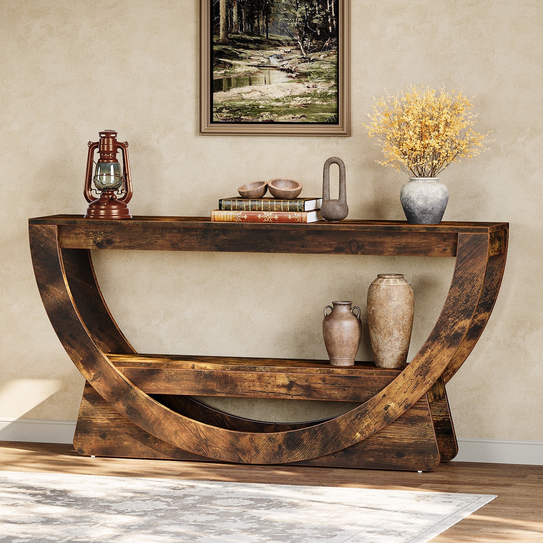 63" Farmhouse Console Table with 2 Shelves, Narrow Sofa Table in Dark Brown