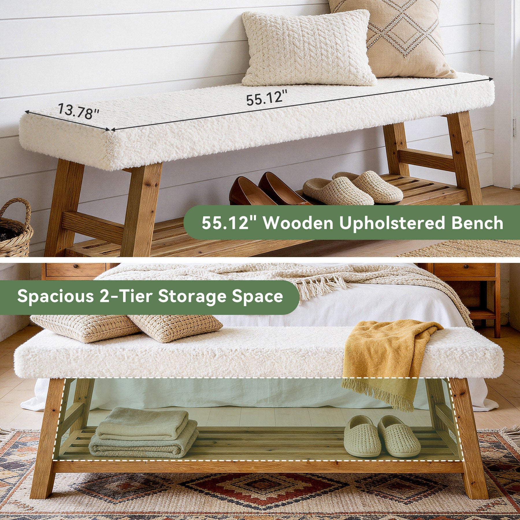 140cm Upholstered Dining Bench, 2-Tier Solid Wood Kitchen Table Bench with Cushion