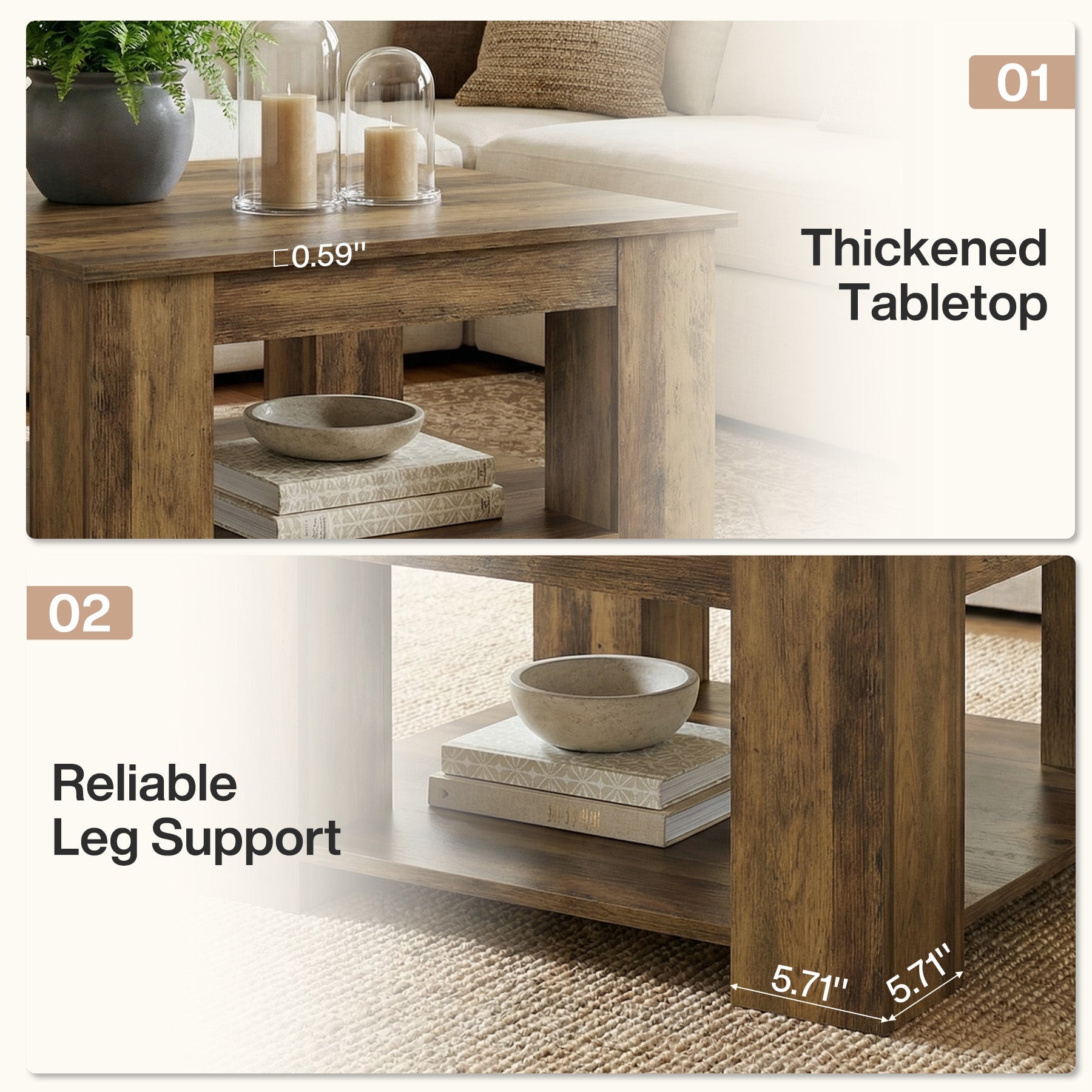 80cm Square Coffee Table, 2-Tier Center Table Cocktail Tea Furniture for Living Room