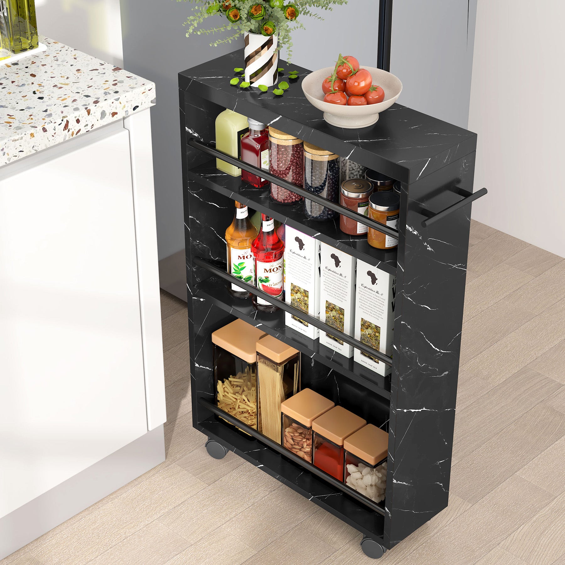 4-Tier Storage Cart, Slim Rolling Narrow Kitchen Cart for Small Place