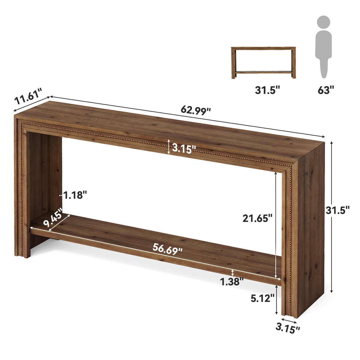 160cm Solid Wood Console Table, Narrow Entryway Table with 2-Tier Storage Shelf