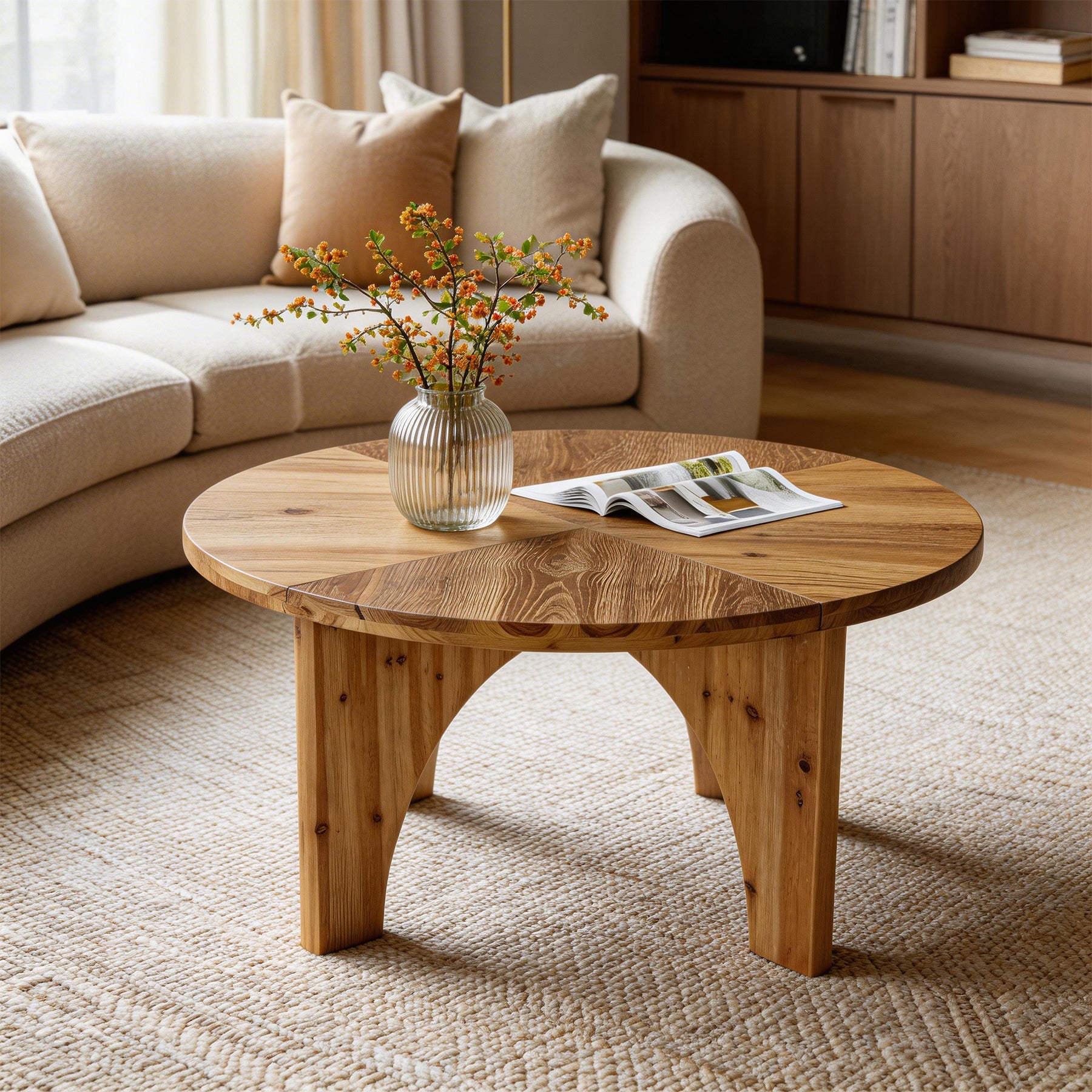 80cm Round Coffee Table, Farmhouse Solid Wood Center Table with Curved Legs