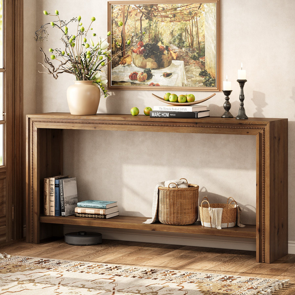 160cm Solid Wood Console Table, Narrow Entryway Table with 2-Tier Storage Shelf