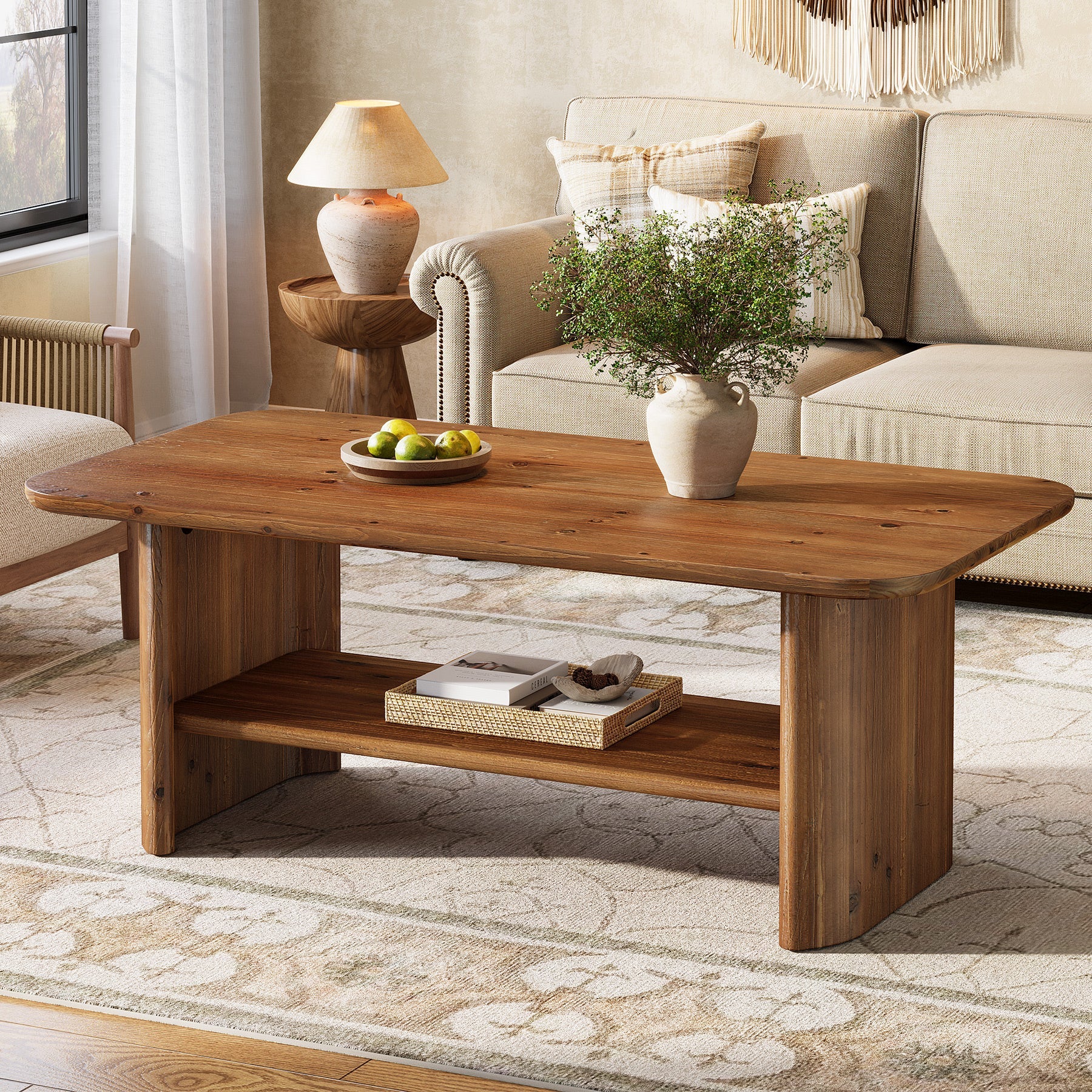 47" Solid Wood Coffee Table, Rectangle Center Table with 2-Tier Storage