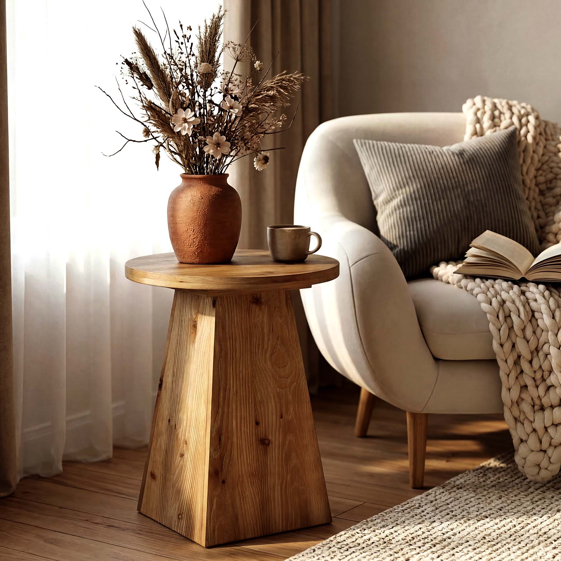 48cm Solid Wood End Table with Trapezoid Base, Round Side Table for Living Room Small Spaces