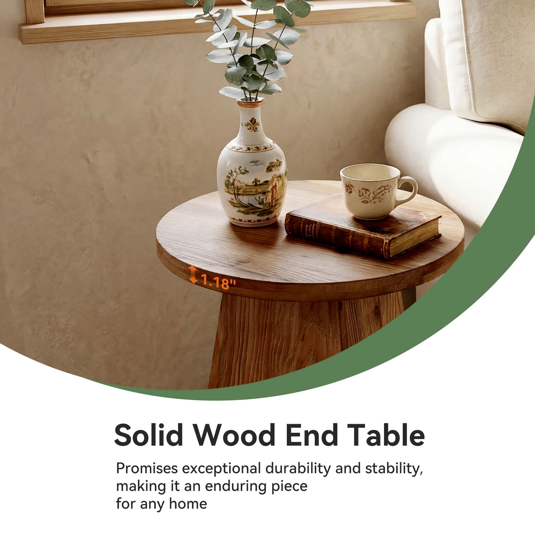 48cm Solid Wood End Table with Trapezoid Base, Round Side Table for Living Room Small Spaces