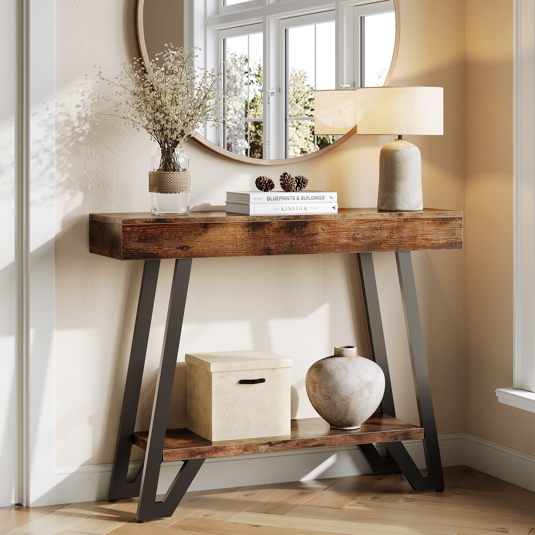 103cm Industrial Console Table with Geometric Metal Frame, 2-Tier Rustic Entryway Sofa Table
