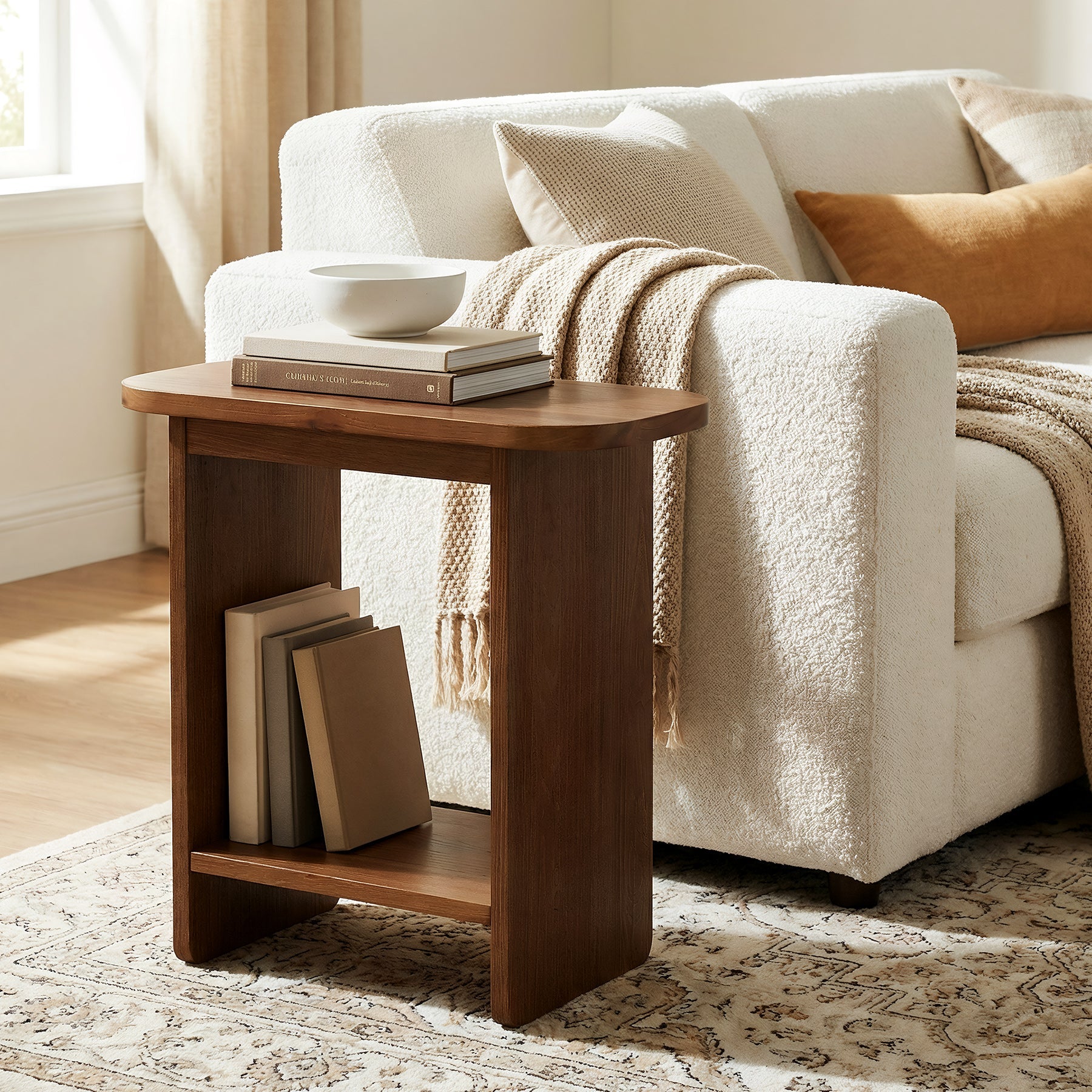 23.62" Solid Wood End Table, H-Shaped 2-Tier Side Table with Storage Shelf