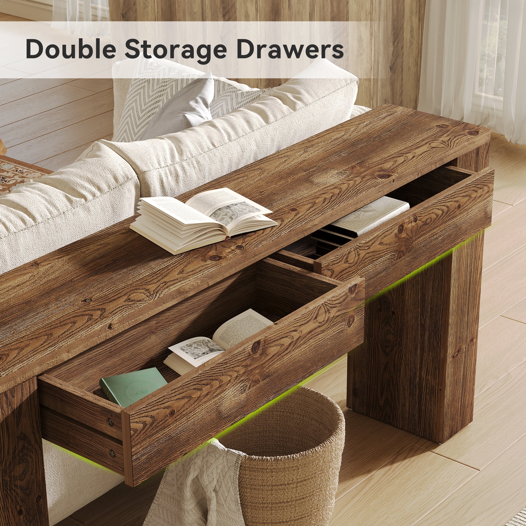 63" Solid Wood Console Table with Hidden Storage Drawers, Sofa Table Behind Couch