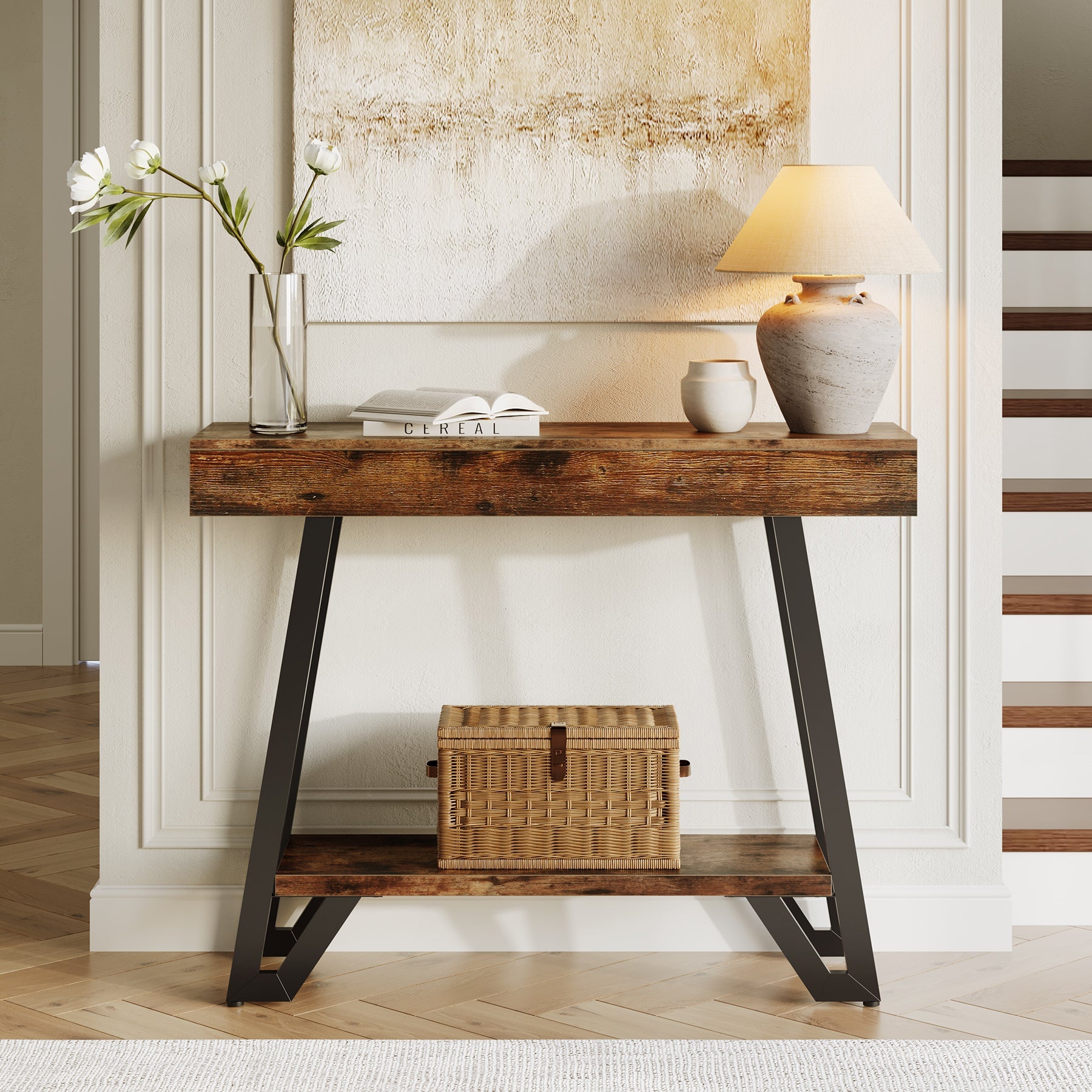 103cm Industrial Console Table with Geometric Metal Frame, 2-Tier Rustic Entryway Sofa Table
