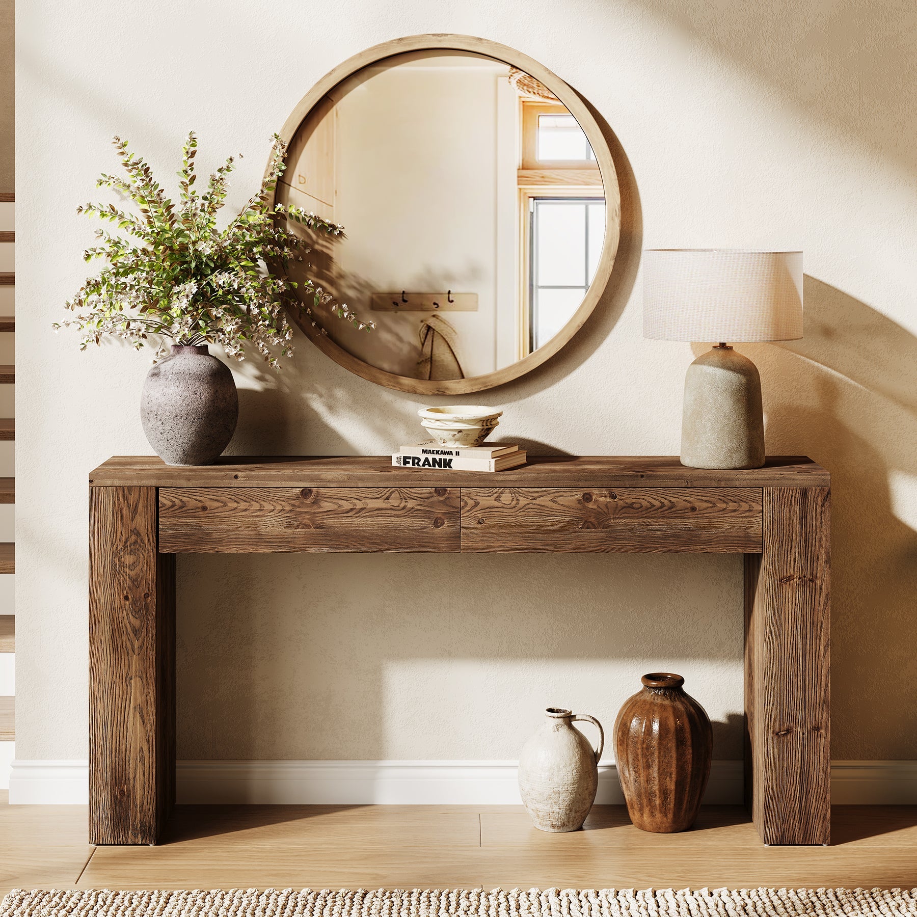 63" Solid Wood Console Table with Hidden Storage Drawers, Sofa Table Behind Couch