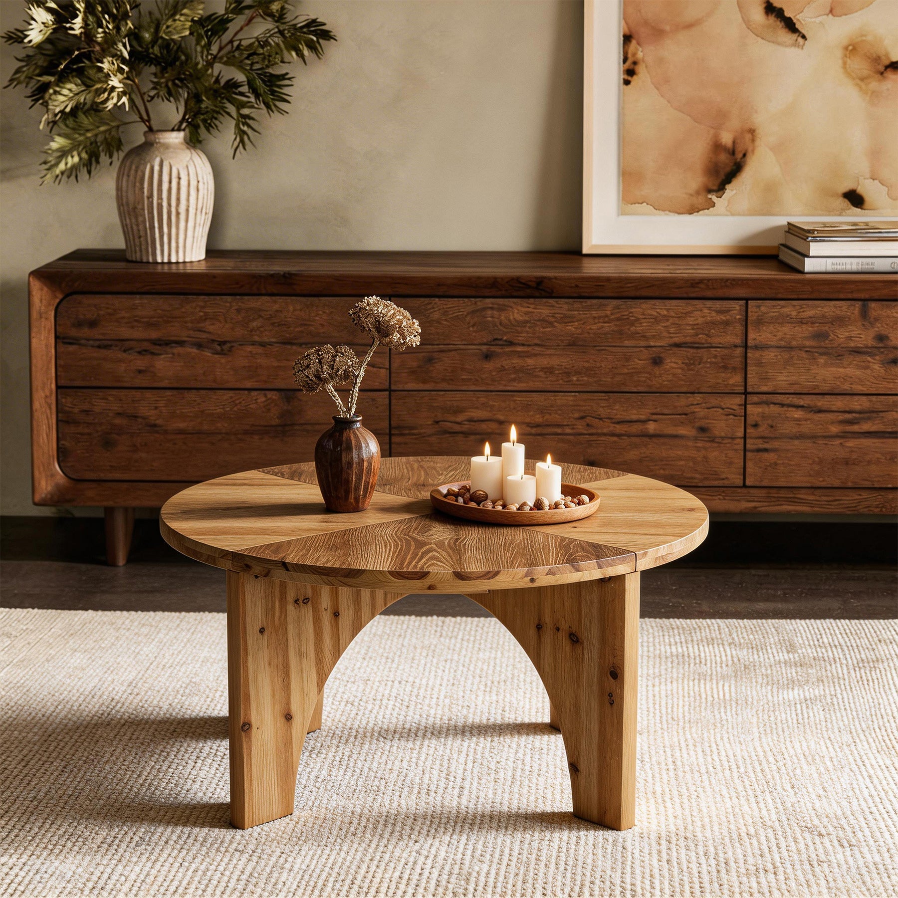 80cm Round Coffee Table, Farmhouse Solid Wood Center Table with Curved Legs