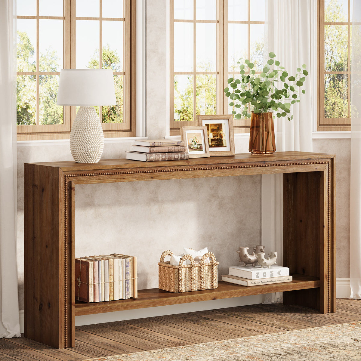 160cm Solid Wood Console Table, Narrow Entryway Table with 2-Tier Storage Shelf