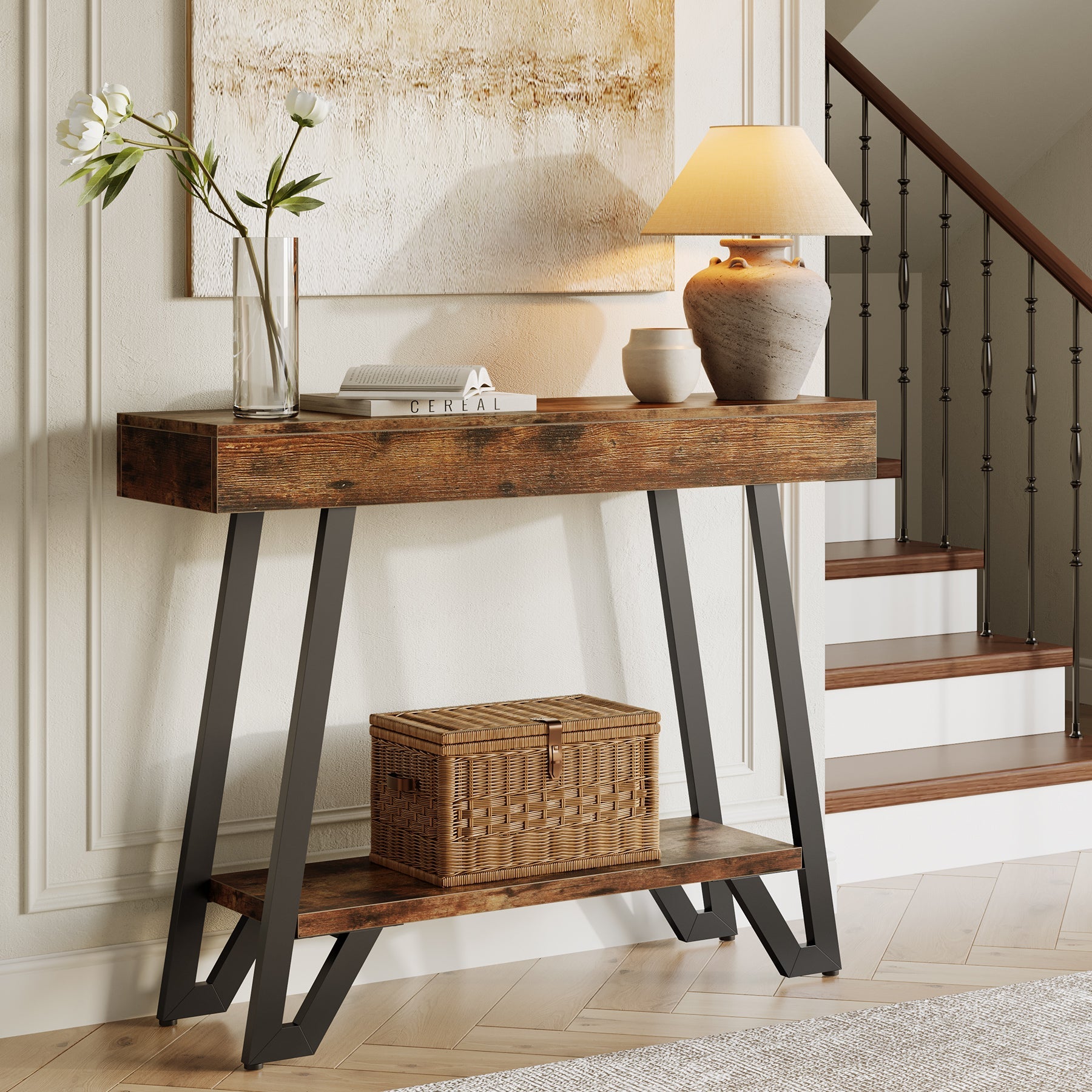 103cm Industrial Console Table with Geometric Metal Frame, 2-Tier Rustic Entryway Sofa Table