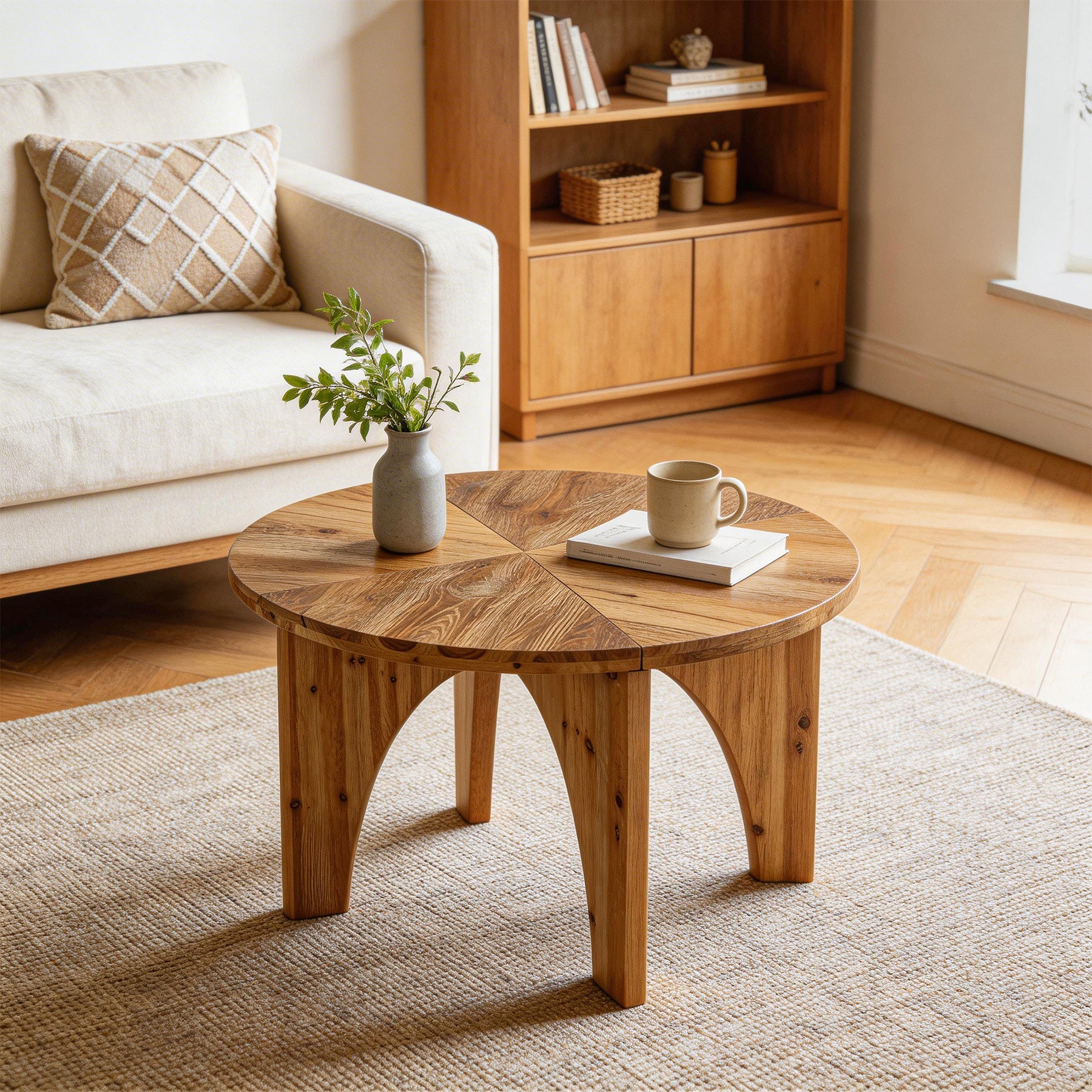 80cm Round Coffee Table, Farmhouse Solid Wood Center Table with Curved Legs