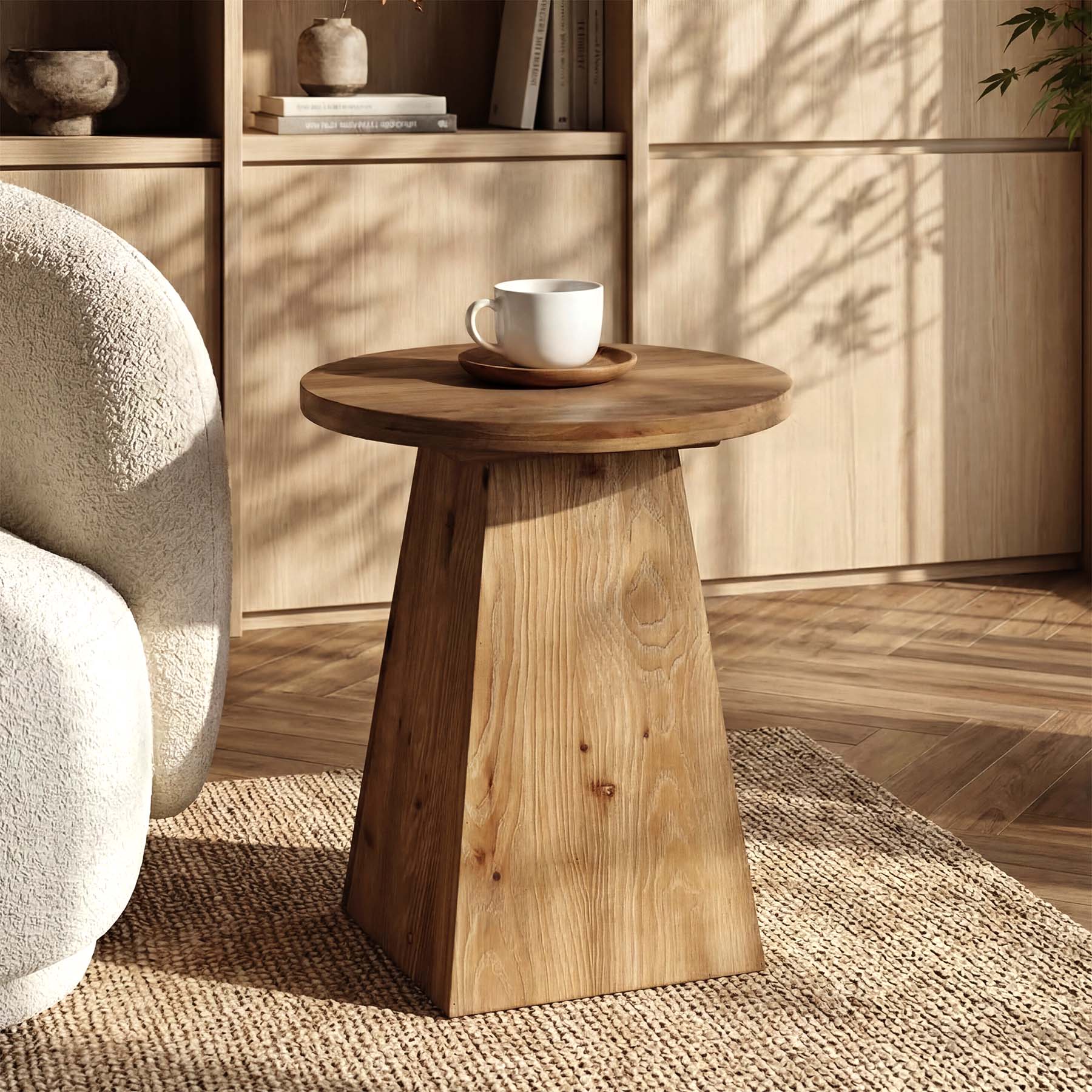 48cm Solid Wood End Table with Trapezoid Base, Round Side Table for Living Room Small Spaces
