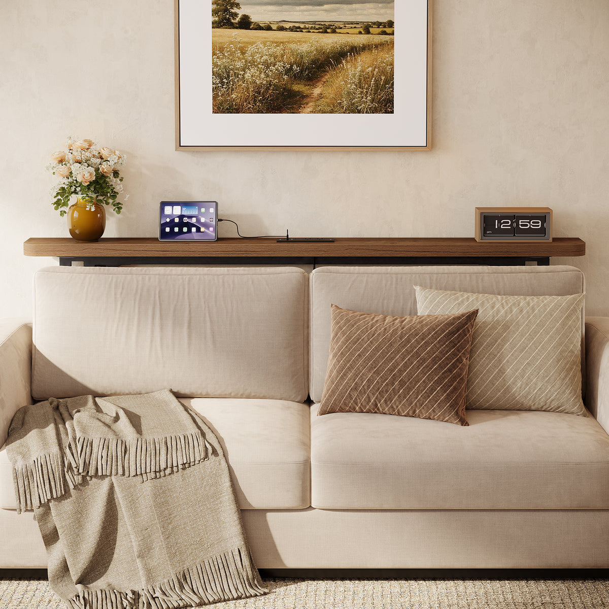 180cm Console Table, Skinny Sofa Table with Power Outlet for Living Room