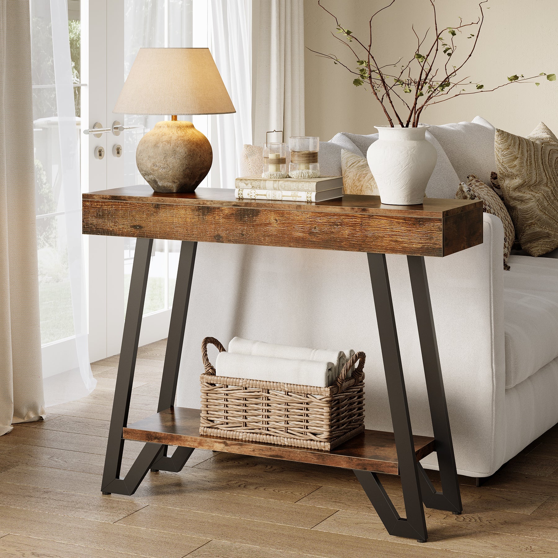 103cm Industrial Console Table with Geometric Metal Frame, 2-Tier Rustic Entryway Sofa Table