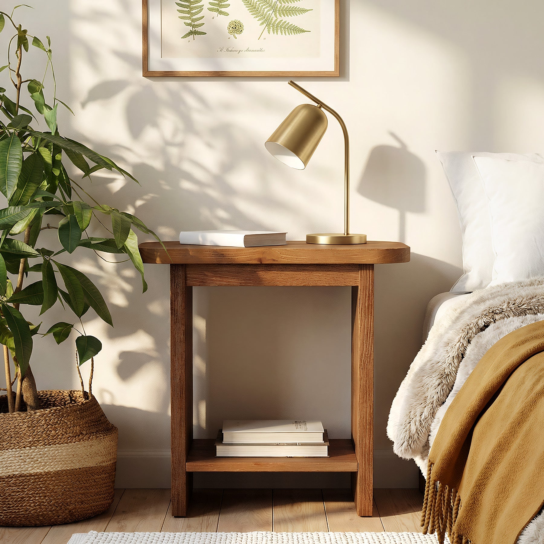 23.62" Solid Wood End Table, H-Shaped 2-Tier Side Table with Storage Shelf