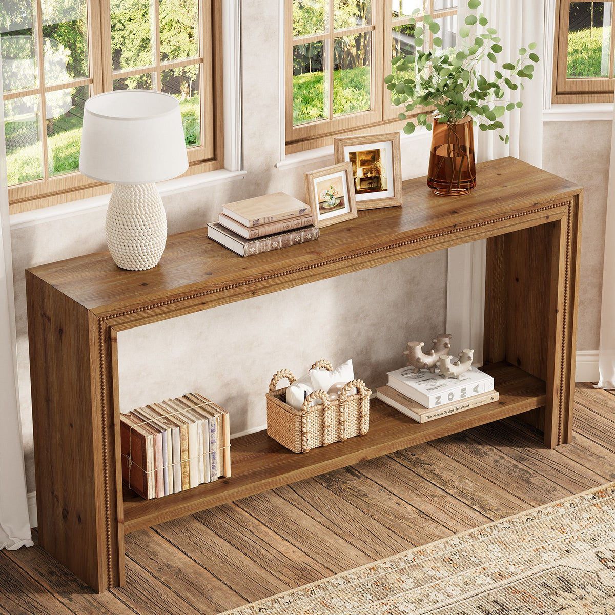 160cm Solid Wood Console Table, Narrow Entryway Table with 2-Tier Storage Shelf