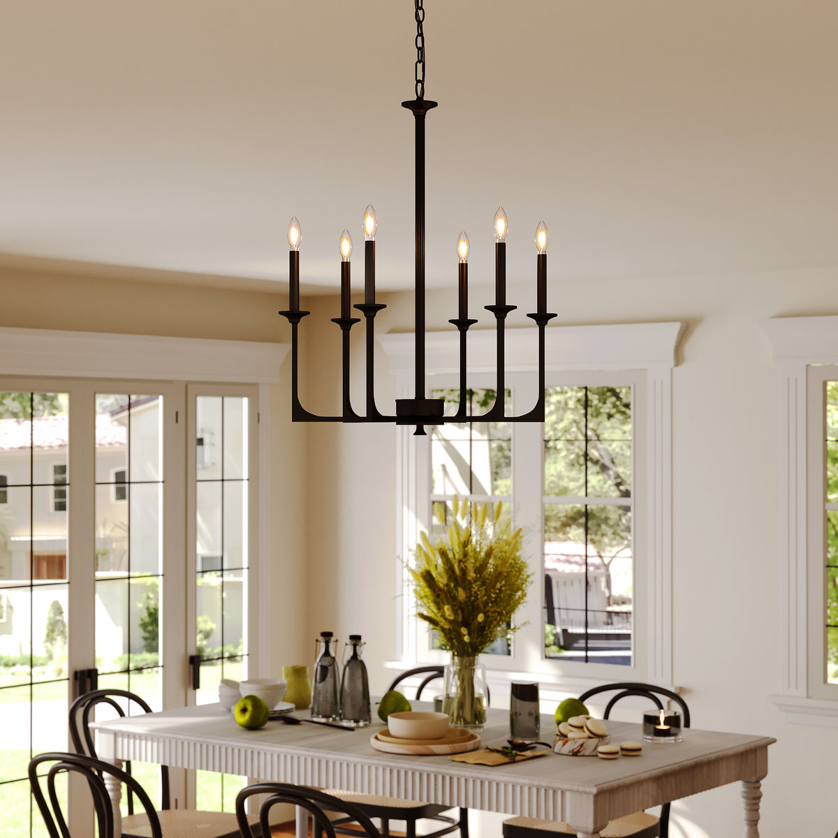6-Light Black Wagon Wheel Chandelier, Modern Candle Pendant Light