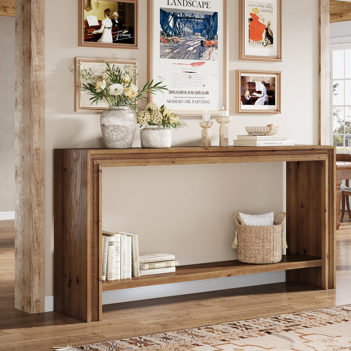 160cm Solid Wood Console Table, Narrow Entryway Table with 2-Tier Storage Shelf