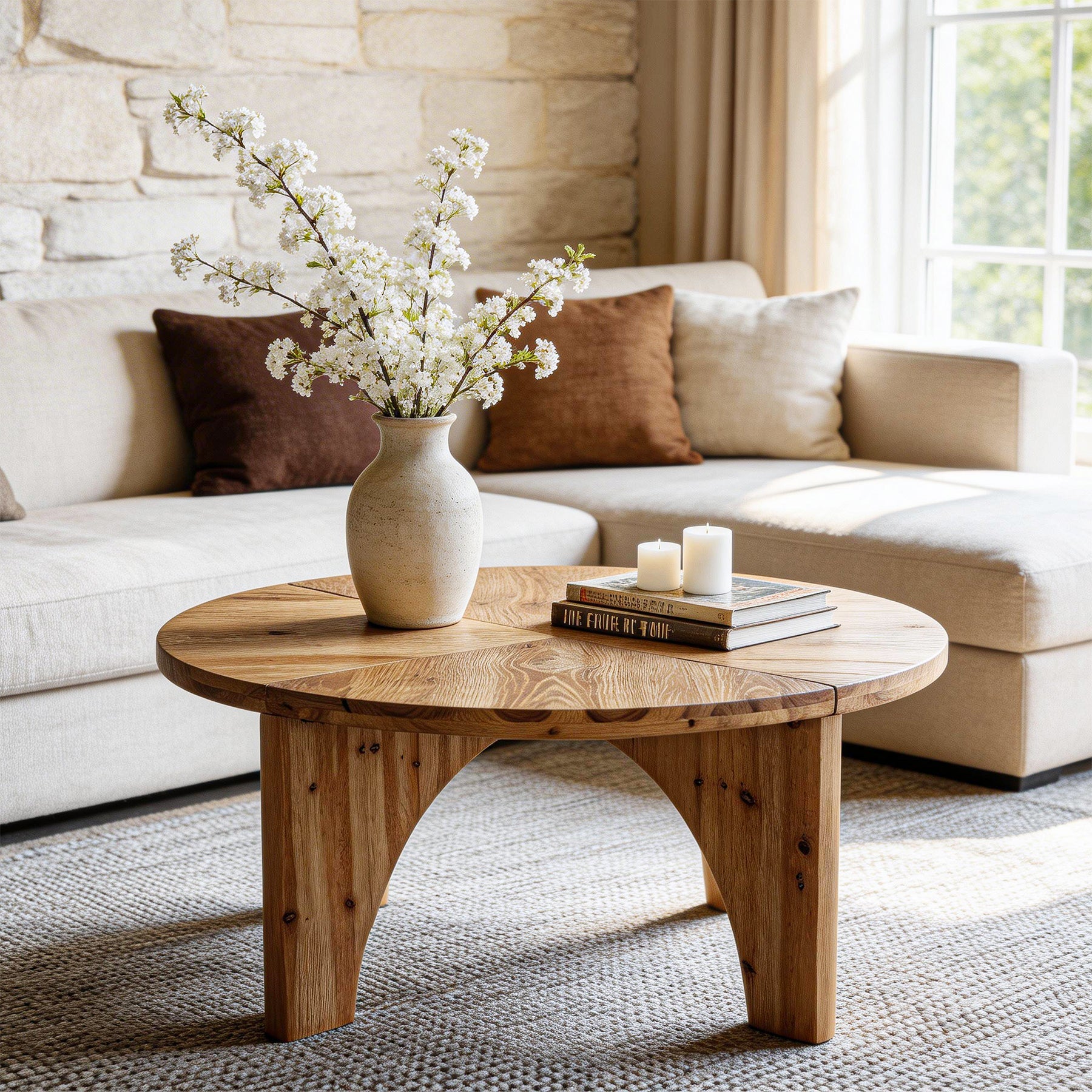 80cm Round Coffee Table, Farmhouse Solid Wood Center Table with Curved Legs