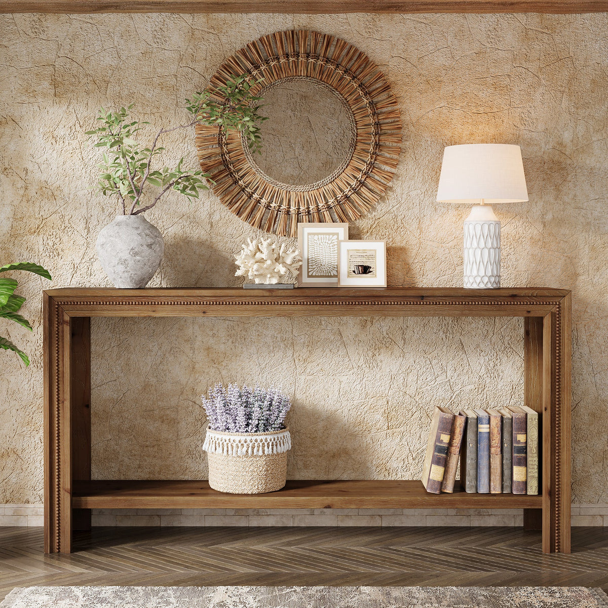 160cm Solid Wood Console Table, Narrow Entryway Table with 2-Tier Storage Shelf