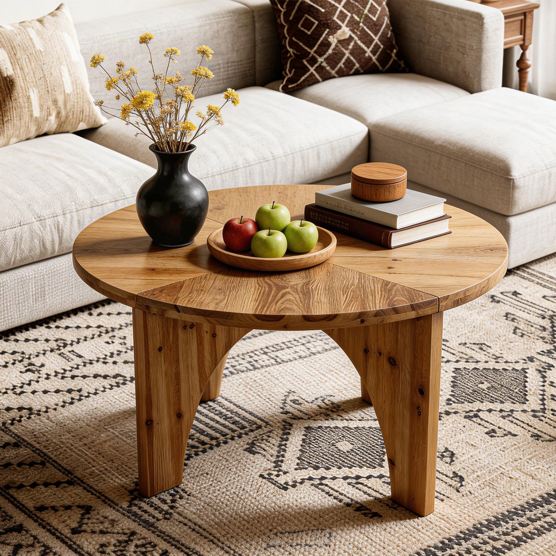 80cm Round Coffee Table, Farmhouse Solid Wood Center Table with Curved Legs