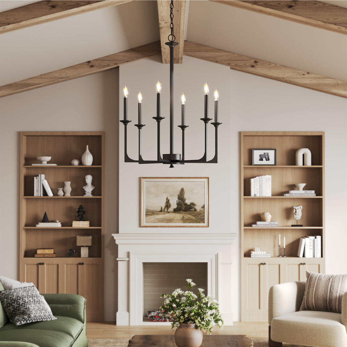 6-Light Black Wagon Wheel Chandelier, Modern Candle Pendant Light