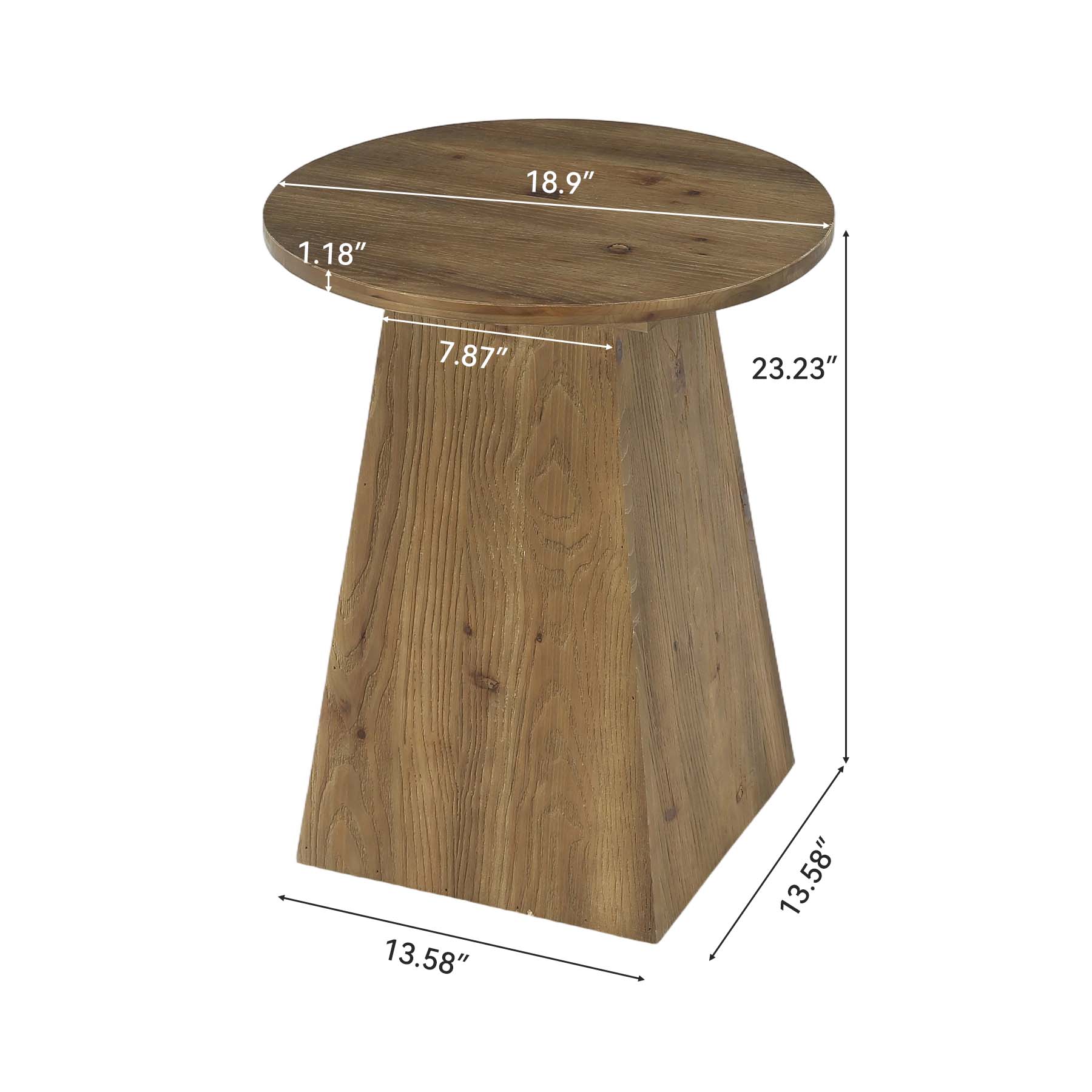 48cm Solid Wood End Table with Trapezoid Base, Round Side Table for Living Room Small Spaces