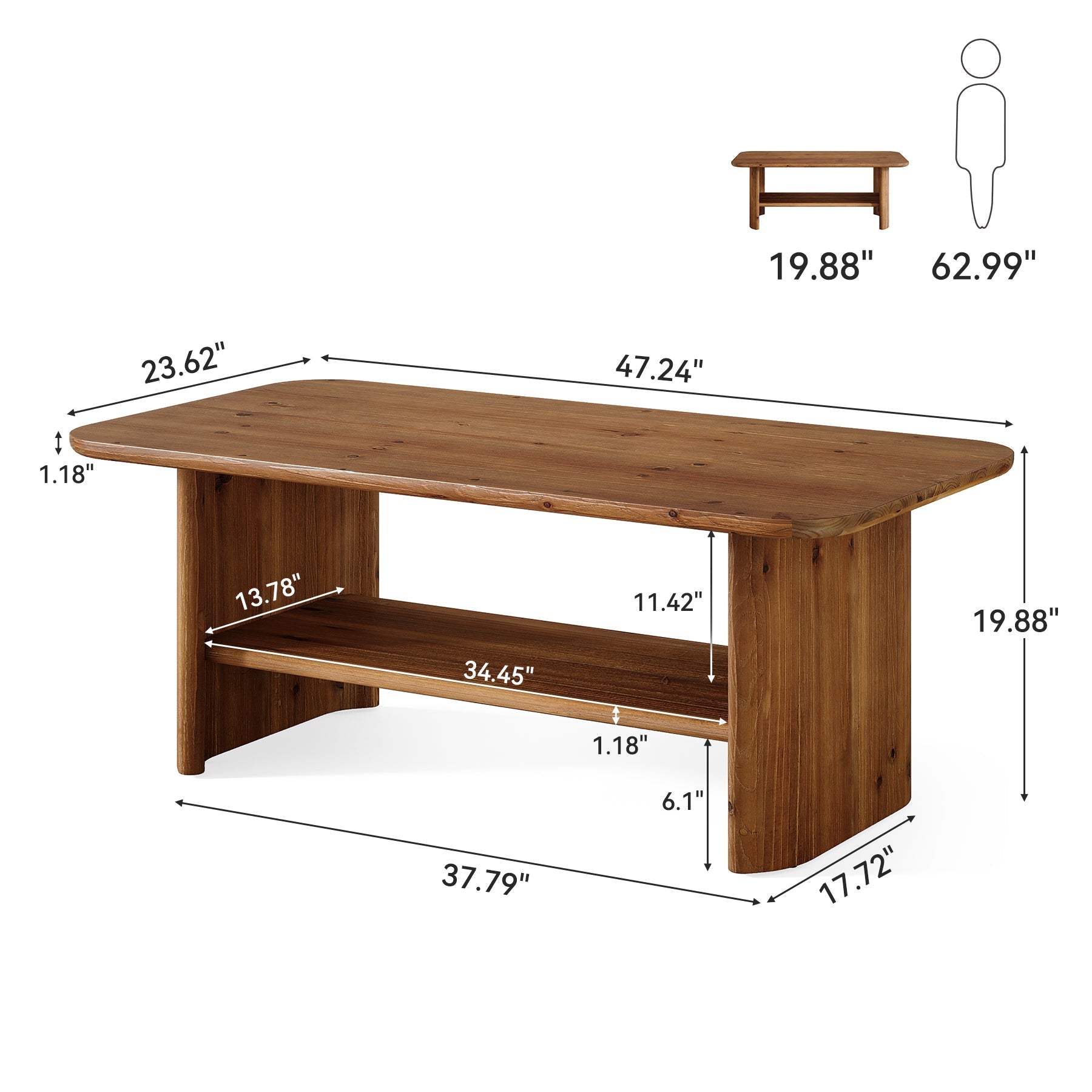 47" Solid Wood Coffee Table, Rectangle Center Table with 2-Tier Storage