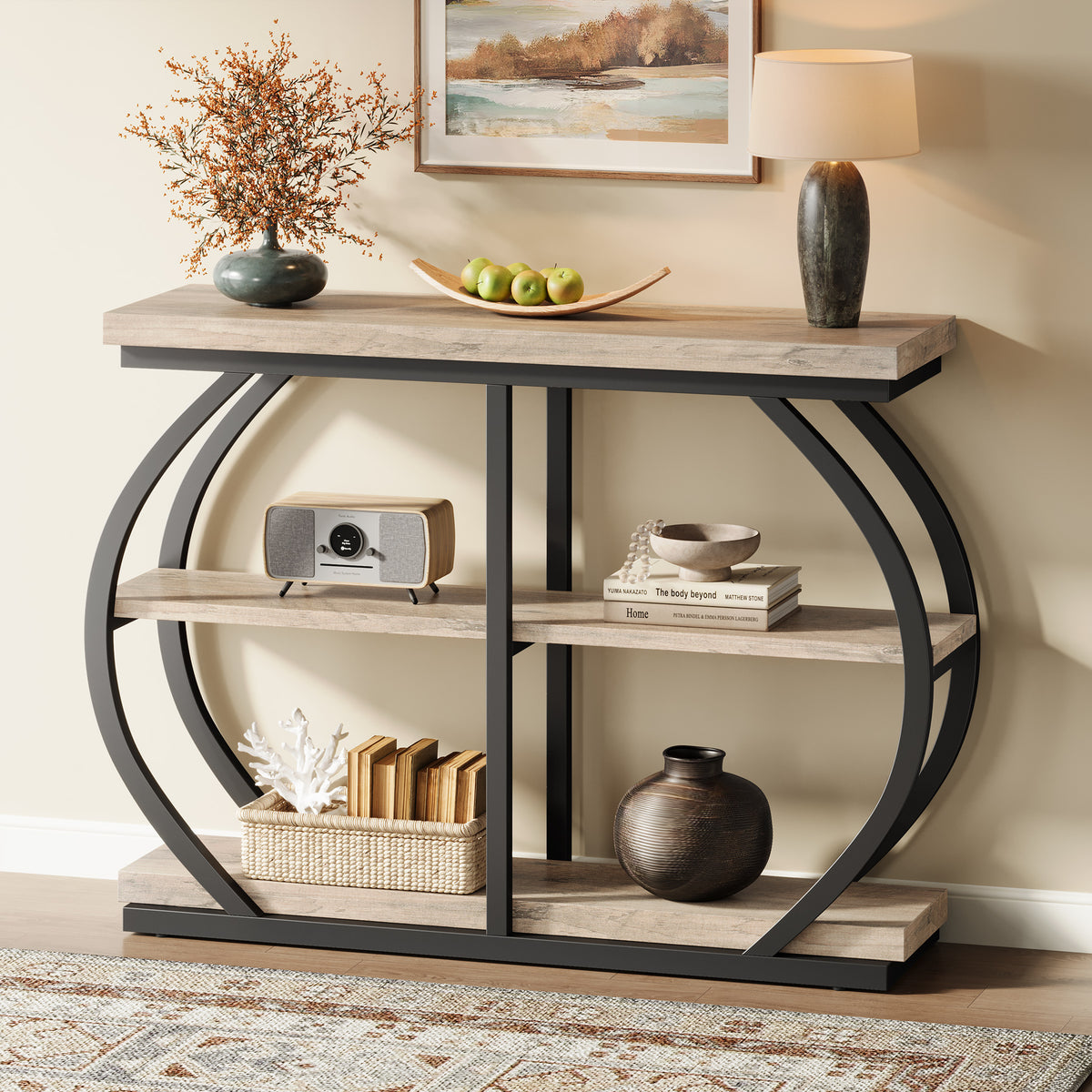 41.33" Industrial Console Table - Rustic Brown 3-Tier Entryway Shelf w/Arched Metal Frame