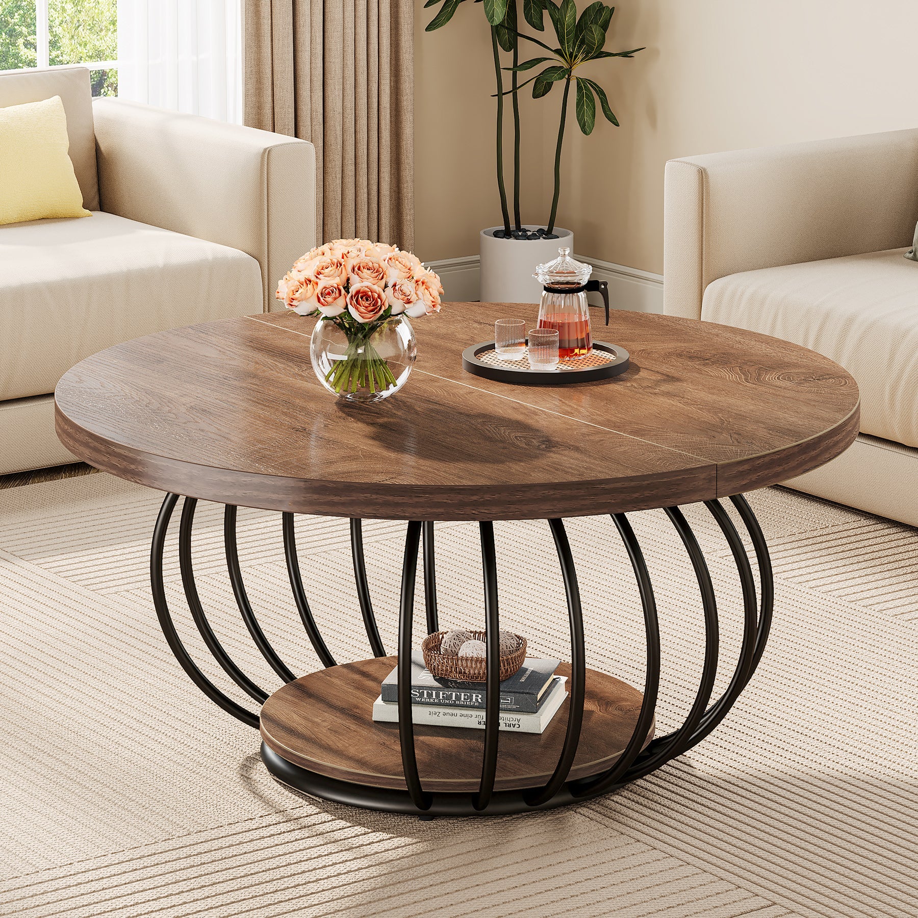 39" Round Coffee Table - 2-Tier Industrial Cocktail Table with Metal Frame, Rustic Brown & Black